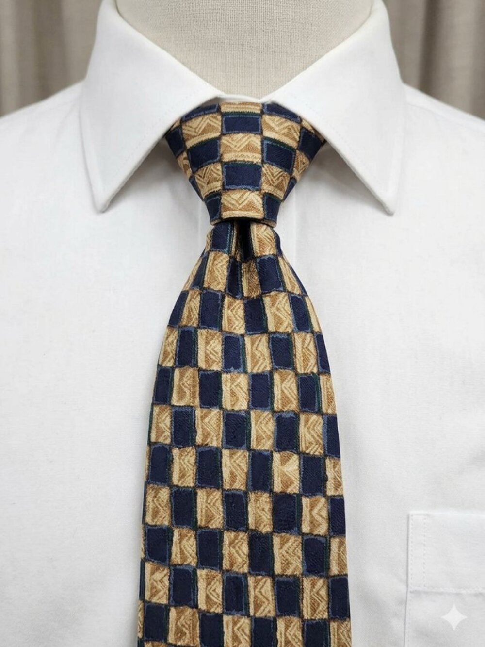 Ermenegildo Zegna Men’s Silk Tie Geometric Blue Gold Made In Italy 59" x 3.75